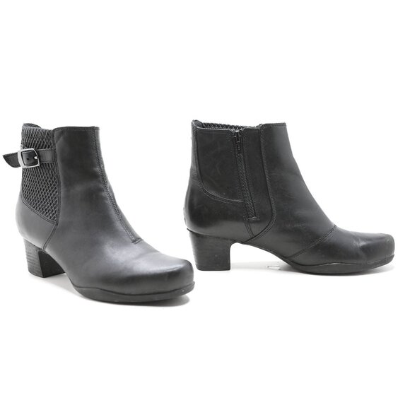 Clarks Artisan Black Leather Ankle Booties Comfort Zip Chelsea Block Heel Boots - Picture 11 of 13